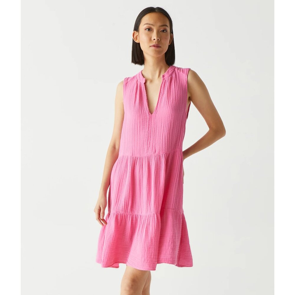 NEW Michael Stars Daisy Gauze Sleeveless V Neck Dress Flamingo Pink Small